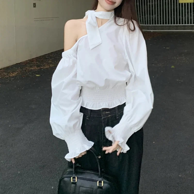 Lunivop High Street Strapless Lace-up Loose Long Sleeve Shirt Women Autumn New Korean Skew Collar Solid Color Casual Ruffled Blouse