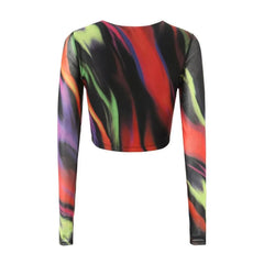 Lunivop  Y2K Gradient Colored Stretch Mesh T Shirt Women O neck Through Open Buttons Skinny Slim T-shirt Tee Tank Tops