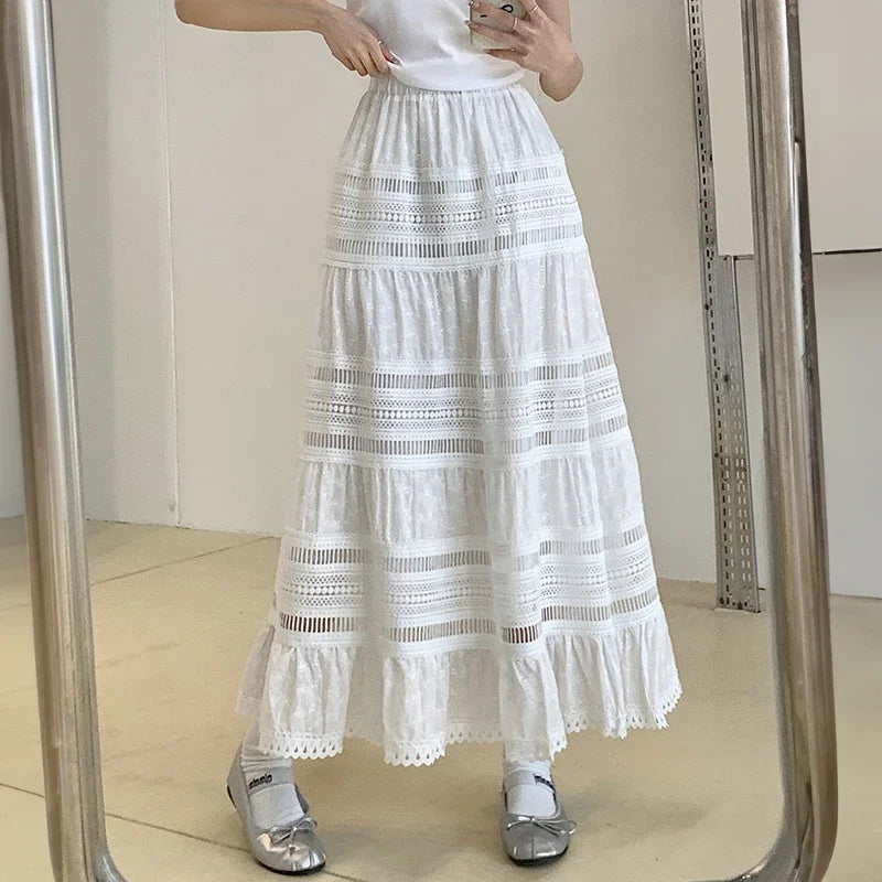 Lunivop Embroidery Eyelet Cut-out Maxi Skirt White Cotton Semi Sheer Flowy Long Skirt Women Boho Summer Vacation Fairycore Outfit