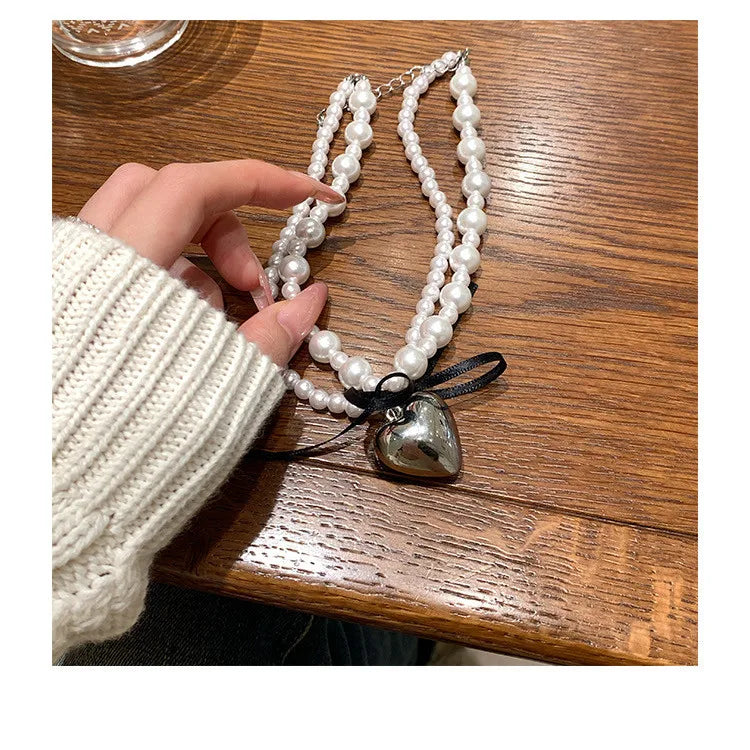 Lunivop Korean INS Sweet Cool Style Ribbon Bow Heart Double Layer Pearl Necklace for Female Minority Design Sense Collar Chain