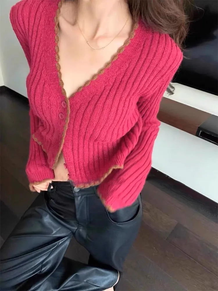 Lunivop Ribbed Knit Button Up Sweater Cardigan for Women Long Sleeve Contrast Hem Crop Top Sweater Jacket Teen-girl Y2K Outfit