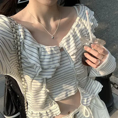 Lunivop Two Piece Sets Y2k Striped Camis Crop Tops Hotsweet Women Long Sleeve Tees Ruched Japanese Ruffled Tshirts Slim Waist Camisetas