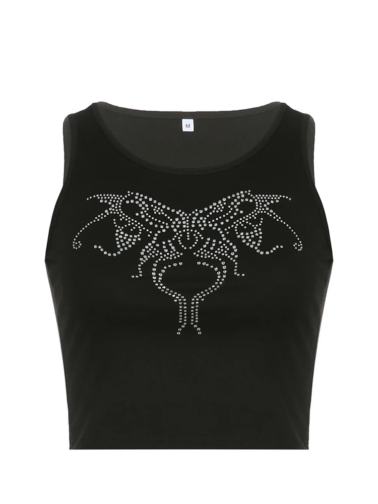Lunivop Summer vintage women's T shirt Rhinestones Graphics Y2k Punk Sexy Black Butterfly Vest Top women O-neck short tops kawaii