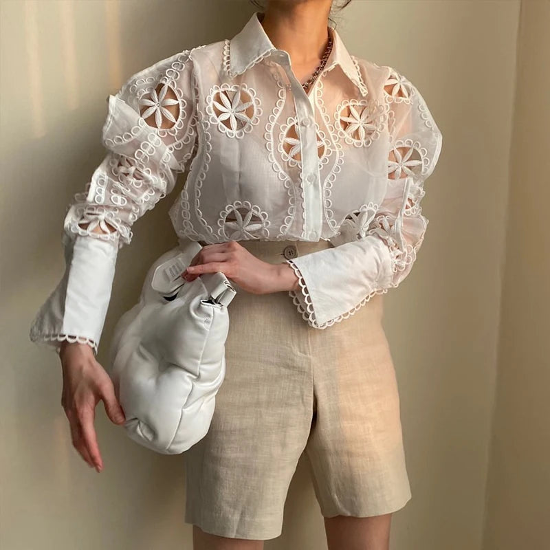 Lunivop  Fashion Autumn Women Long Sleeve White Shirt Sexy Hollow Out Floral Embroidery Blouse Female Vintage Loose Casual Tops