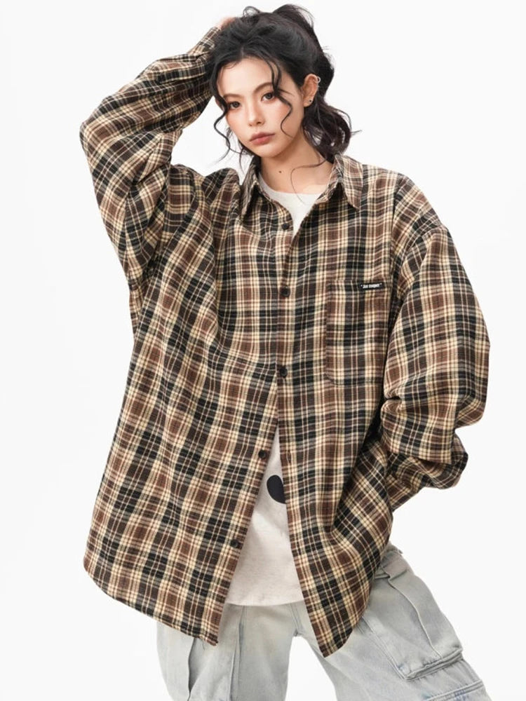 Lunivop Bf Harajuku Plaid Shirts Women Loose Oversize Hip Hop Streetwear Blouse Long Sleeve Vintage American Fall New Female Tops