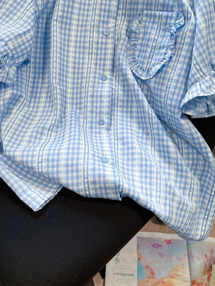 Lunivop  Ruffles Sweet Plaid Shirt Women Loose Puffy Sleeve Cute Blouse Korean Vintage Casual Summer Elegant Female Retro Design Top