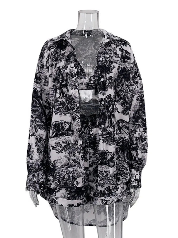 Lunivop  Retro Ink Shirt Three-piece Shorts Suit Women's Summer Casual Long Sleeve Button Print Fashion Shirt with Shorts Suit