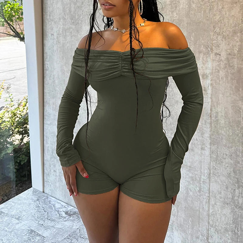 Lunivop  Elegant Sexy Off-shoulder Slash Neck Long Sleeve Pleated High Waist Backless Solid Color Fashion Jumpsuit Shorts Club Streetwear