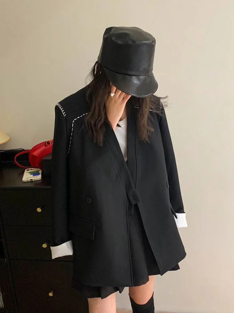 Lunivop Streetwear Loose Purple Blazer Women Long Sleeve Casual Oversize Suit Coats Fashion Fall New Korean Female Design V Neck Outwear