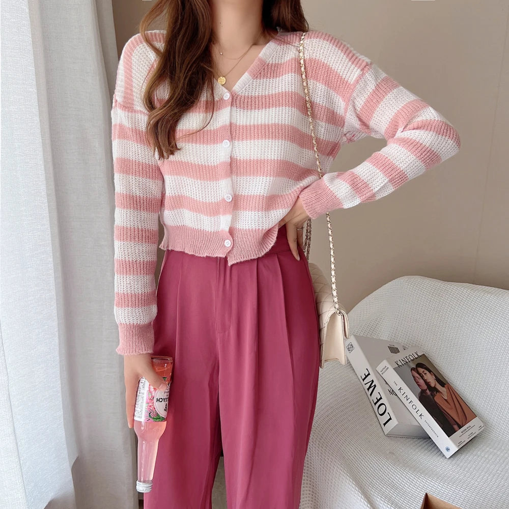 Lunivop Women Striped Knit Cardigan Button Front Long Sleeve V-neck Crop Sweater Jacket Comfy Knitwear French Chic Autumn Winter Outfit