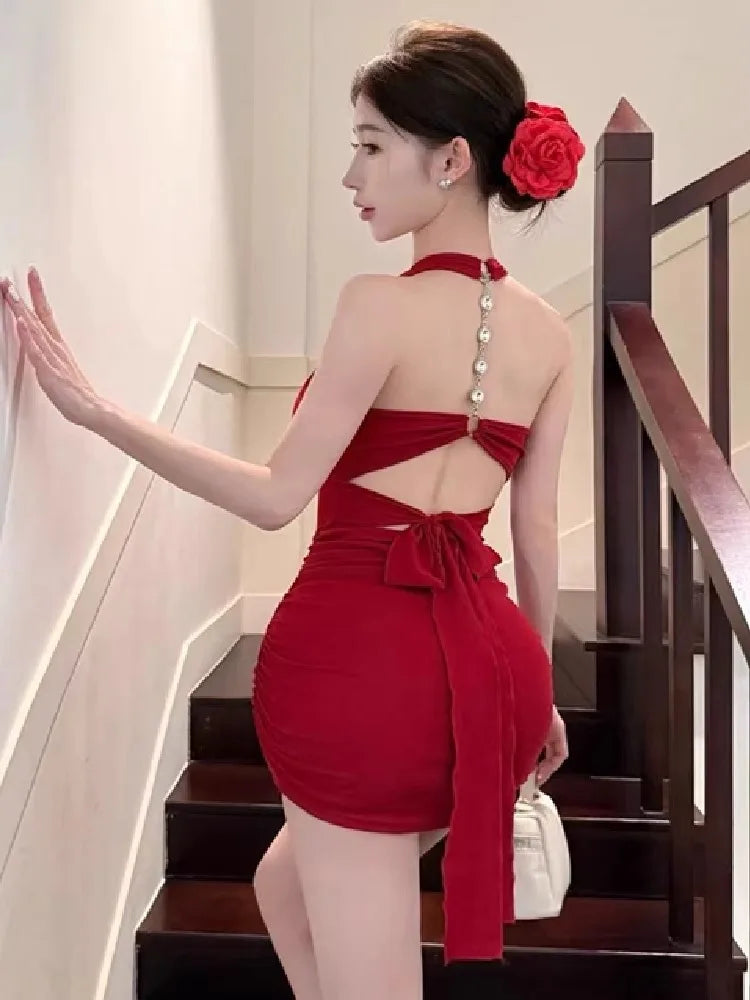 Lunivop  Woman Dress Sleeveless Sexy Halter Slim Backless Bow Backless Solid Elegant Summer Fashion Party Mini Dresses Chic