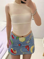 Lunivop  Kawaii Fruit Printed Blue Half Skirt American Style Sweetheart Checkered Short Skirt Cute Y2k Girl Fashion A-line Skirt