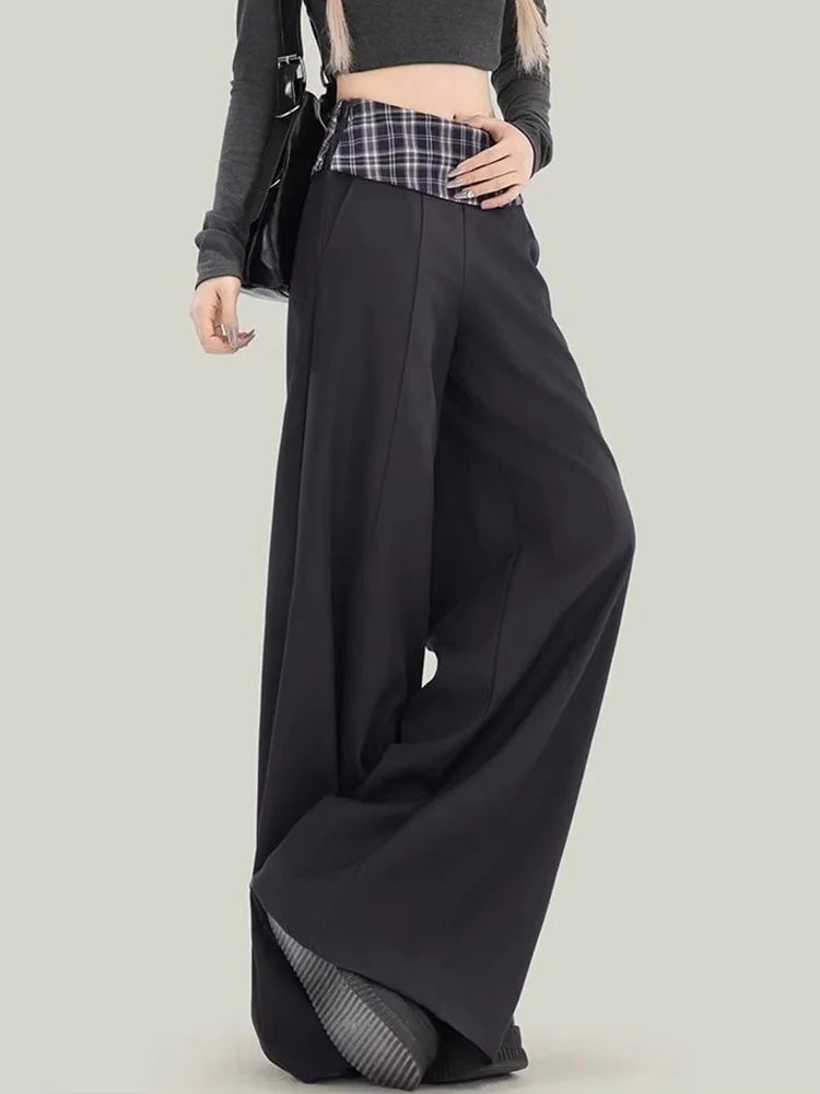 Lunivop Plaid Patchwork Suit Pant Women Vintage Casual Korean High Waist Trouser Autumn Retro Loose Elegant Black Wide Leg Pant New