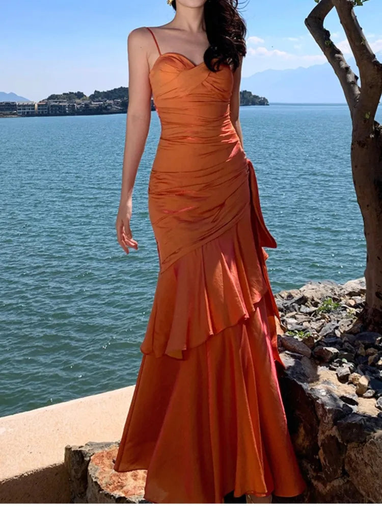 Lunivop Sexy Spaghetti Strap Womens Dresses Elegant Ruffles Evening Birthday Party Dress Wedding Prom Vestidos Long Robe Female Clothing