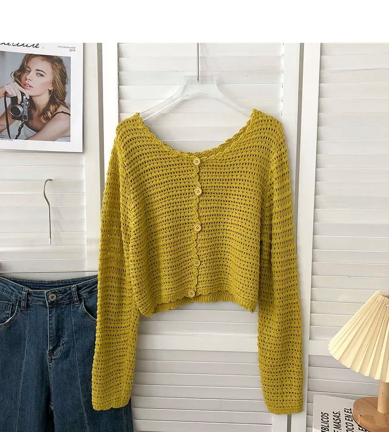 Lunivop Crochet Cardigan for Women Sheer Openwork Knit Long Sleeve Button Up Crop Top Teen-girl Shrug Cardigan Autumn Spring Y2K Outfit