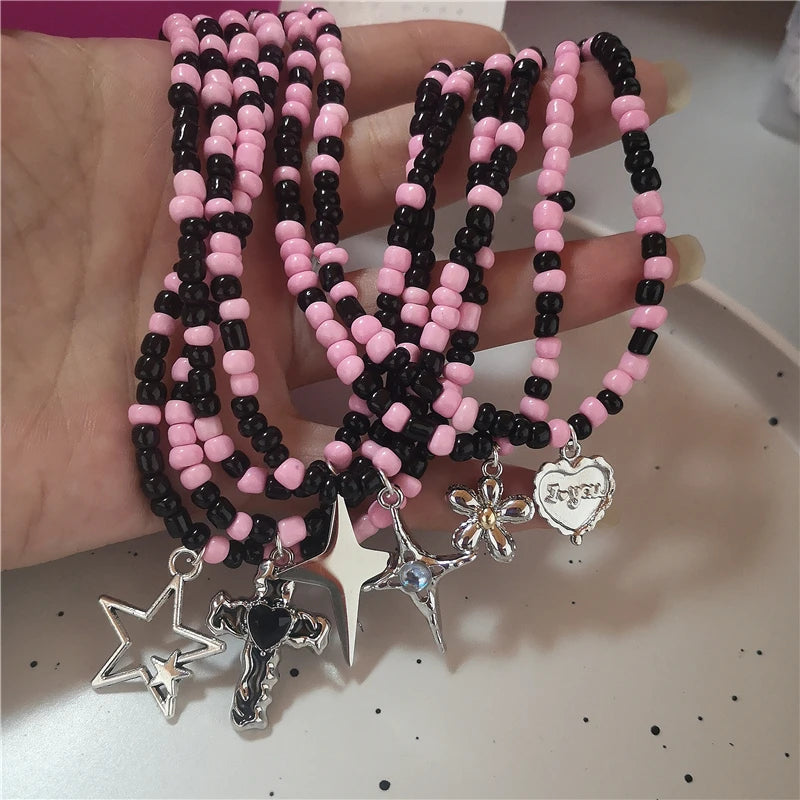 Lunivop Goth Y2K Cute Star Cross Pendant Black Pink Beaded Chain Necklace Egirl 2000s EMO Harajuku  Aesthetic Grunge Jewelry Accessories