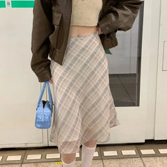 Lunivop Plaid Skirt Vintage Women Elegant Sweet Korean Style Mid Skirt Y2k Harajuku fashion A-line summer Aesthetics Skirts