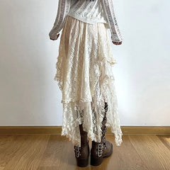Lunivop Lace Vintage Long Skirts Irregular Holiday Y2k Skirts for Women Boho Tulle Elegant See Through Midi Skirt High Waist