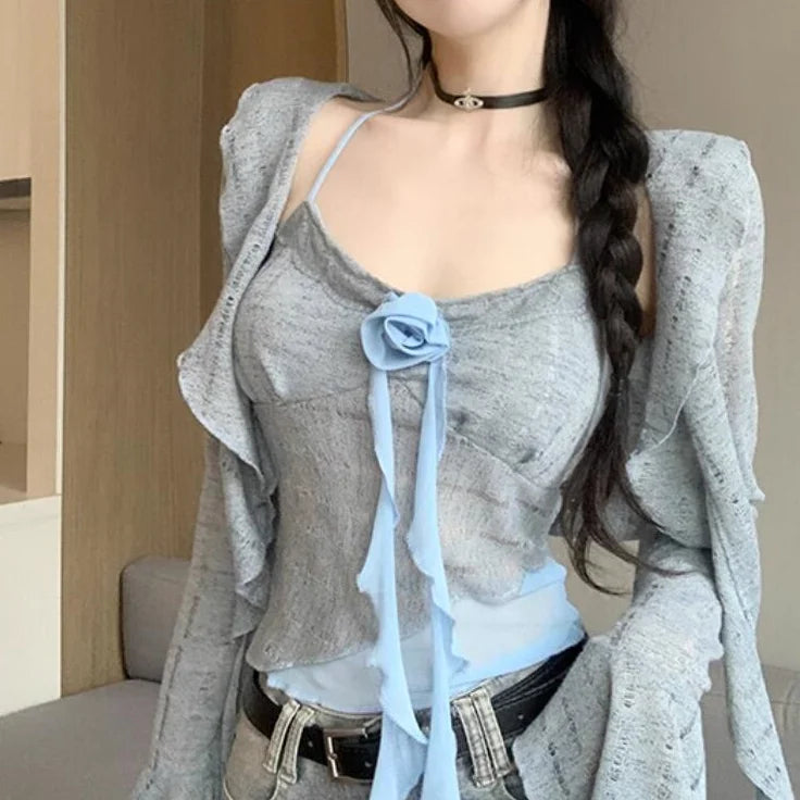 Lunivop  Sweet Vintage 3D Rose Halter Patchwork Camisole Vest+ Irregular Hollow Out Long Sleeve Cardigan Spring New Two Piece Sets
