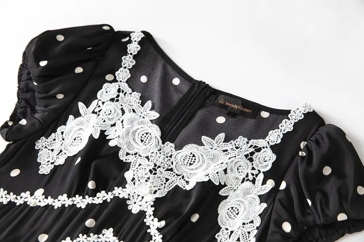 Lunivop  Fashion Women Dress Short Sleeve V Neck Lace Patchwork Polka Dot Print Female Party Dresses New Tide