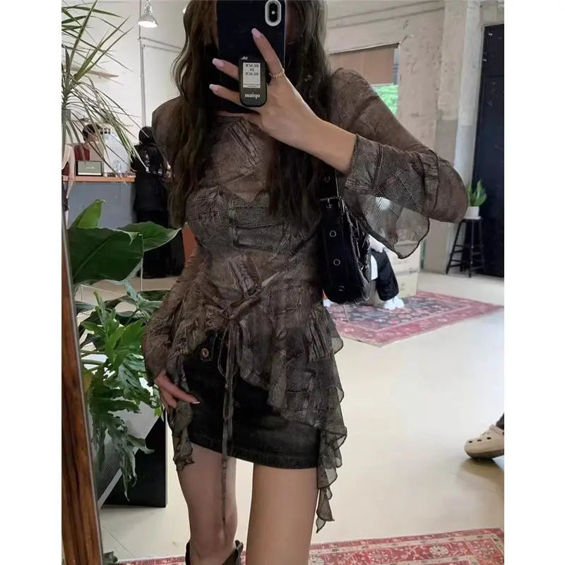 Lunivop  Retro Print Slim Fit Long Sleeved T-shirt Top Drawstring Lace Up Slim Waist Blouses 2025 New Bottoming All-match Tee Shirt