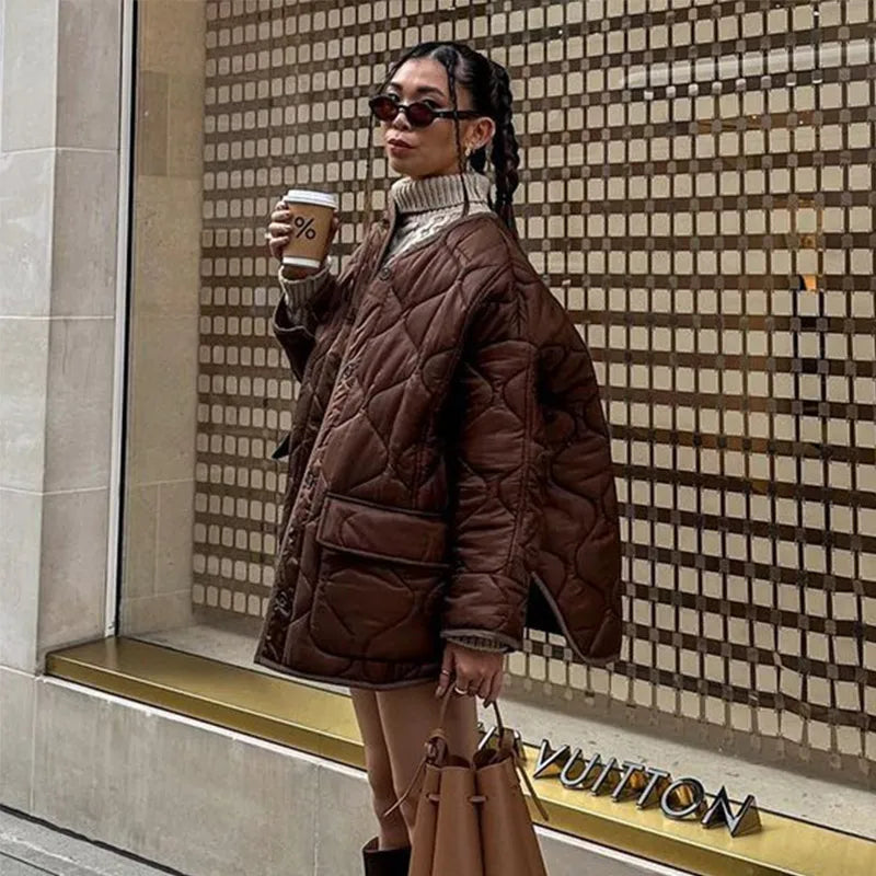 Lunivop Casual Oversized O-neck Quilted Jacket Women Thickened Warm Single-Breasted Jacket Female Winter Loose Windproof Streetwear Tops