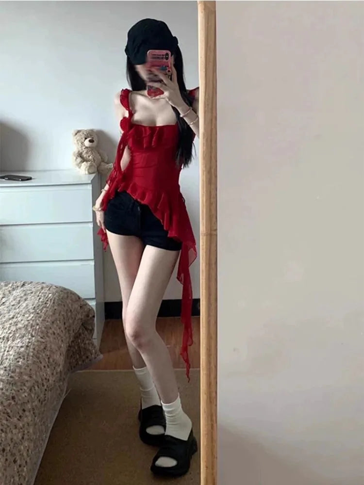 Lunivop  Red Three-dimensional Rose Mesh Ruffle Tank Top Irregular Slim Fit Camisole Vest for Women 2025 Summer New Sweet Crop Tops