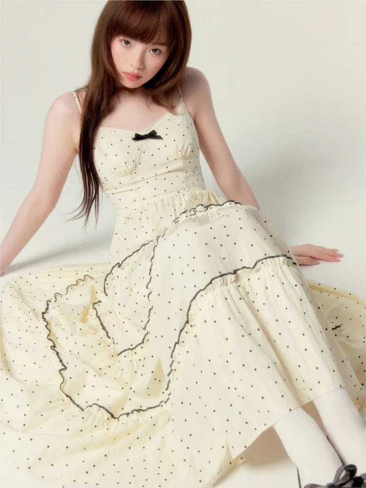 Lunivop Sweet Gentle Style Polka Dot Print Long Camisols Cake Dresses Women's Summer Spliced Lace V-neck Sleeveless Bow Suspender Dress