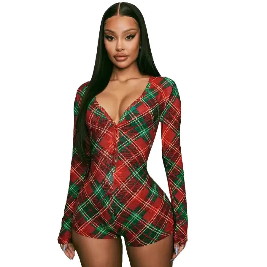 Lunivop Autumn Winter Plaid Print Christmas Party Rompers Women V Neck Single Breasted Full Sleeve Slim Spicy Girls Skinny Playsuit