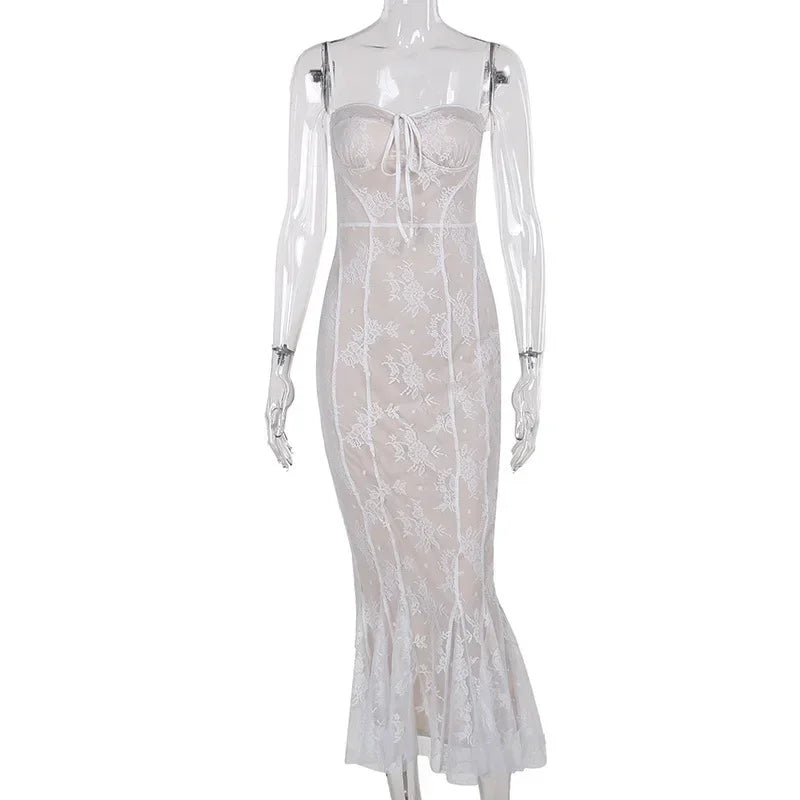 Lunivop Retro Floral White Lace Mermaid Long Dresses for Women Summer Fashion Sexy Backless Spaghetti Strap Split Party Prom Dress