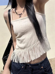 Lunivop Korean Sexy Backless Lace Up Camisole Tops Y2k E-Girl Slim Fit Tassel Tank Top 2024 Summer New Straight Black Vest for Women
