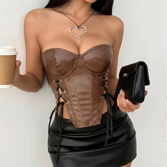 Lunivop  Hot Sexy PU Leather Strapless Open Back Cross Lace-up Low Cut Neck Skinny Fashion Women's Contrast Color Vest Tank Tops Clubwear