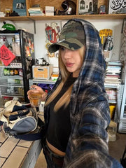 Lunivop  Vintage Plaid Shirts Women Harajuku Long Sleeve American Style Drawstring Hooded Blouses Loose Casual Streetwear Spring