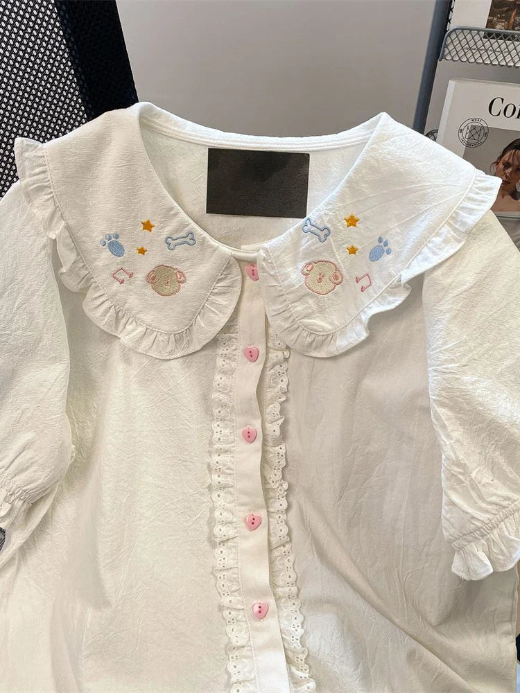 Lunivop  Lolita Cute White Shirt Women Vintage Short Sleeve Kawaii Blouse Japan Preppy Style Embroidery Peter Pan Collar Retro Tops