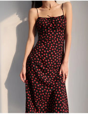 Lunivop  Sexy Women Bow Lacing up Slash Collar Back Elastic Ruched Long Robe Retro French style Summer Rose Flower Print Midi Sling Dress