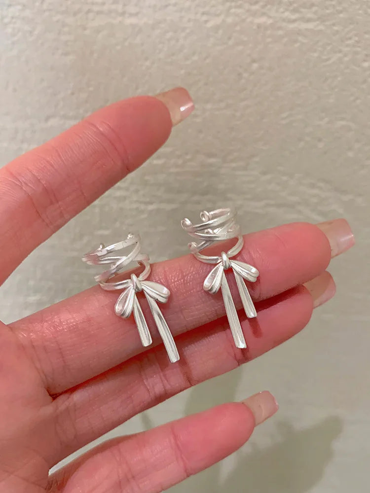 Lunivop Korean Fashion White Ribbon Bow Exquisite Copper Earrings for Women Simple Elegant Ear Clip Party Jewelry Wedding Gifts