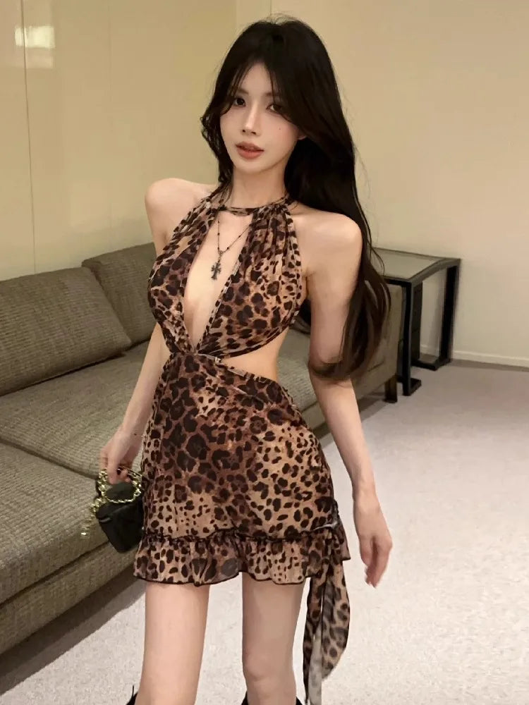 Lunivop  Woman Dress Sexy Leopard Printed Backless Hollow Out Slim Irregular Ruffles Bandage Sleeveless Mini Dresses Party Ladies