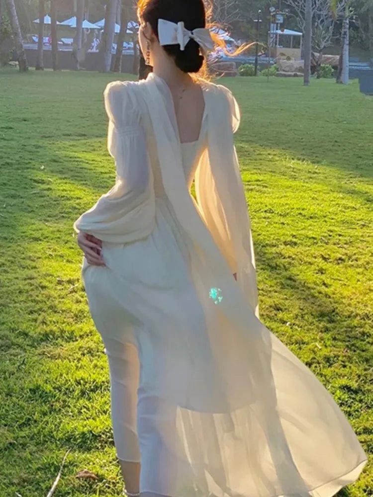 Lunivop  Women French White Chiffon Dresses Summer Elegant Sleeve Slim Puff Sleeve bodycon Gentle Fairy Short Dress