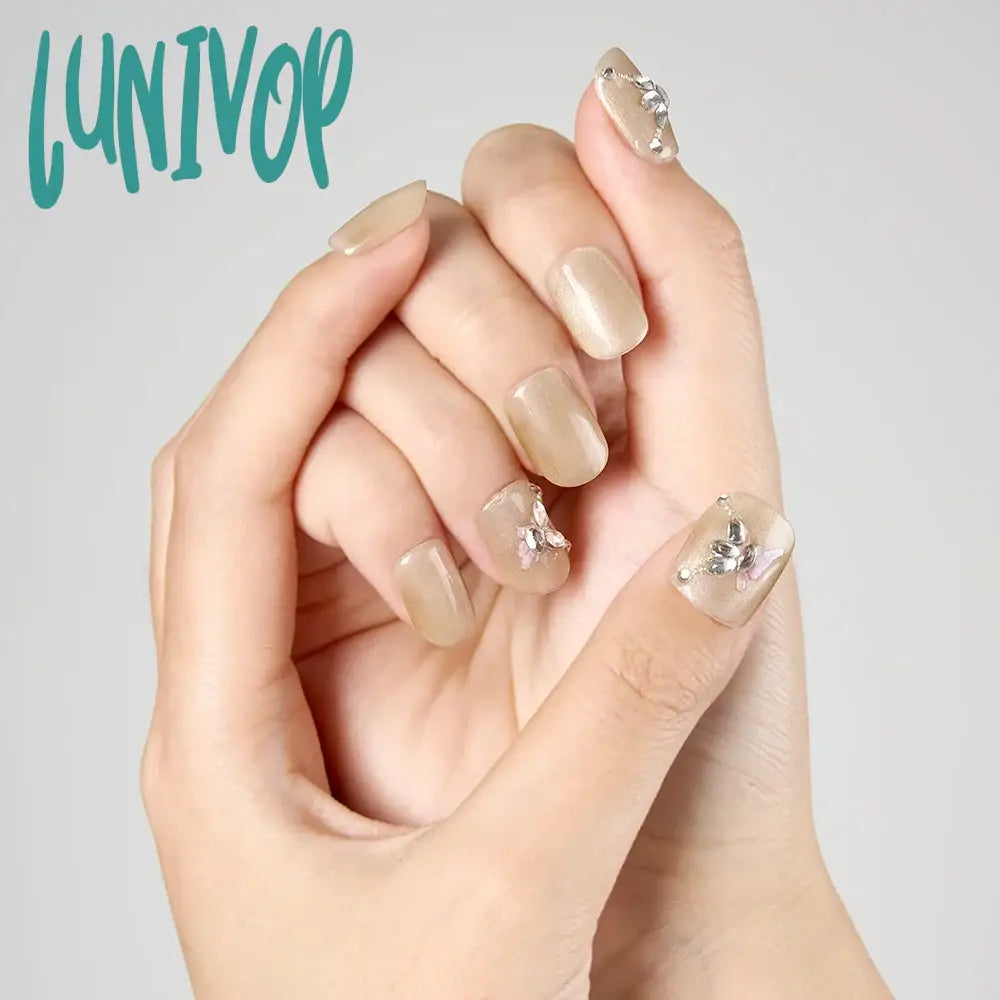 Lunivop 10Pcs Handmade Glossy Short Square Fake Nail Sweet Press On Nails With 3D Bubble Beads