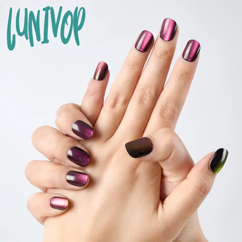 Lunivop 10Pcs Handmade Purple Red Cat Eye Press On Nails Glossy Short Square Fake Shiny False For