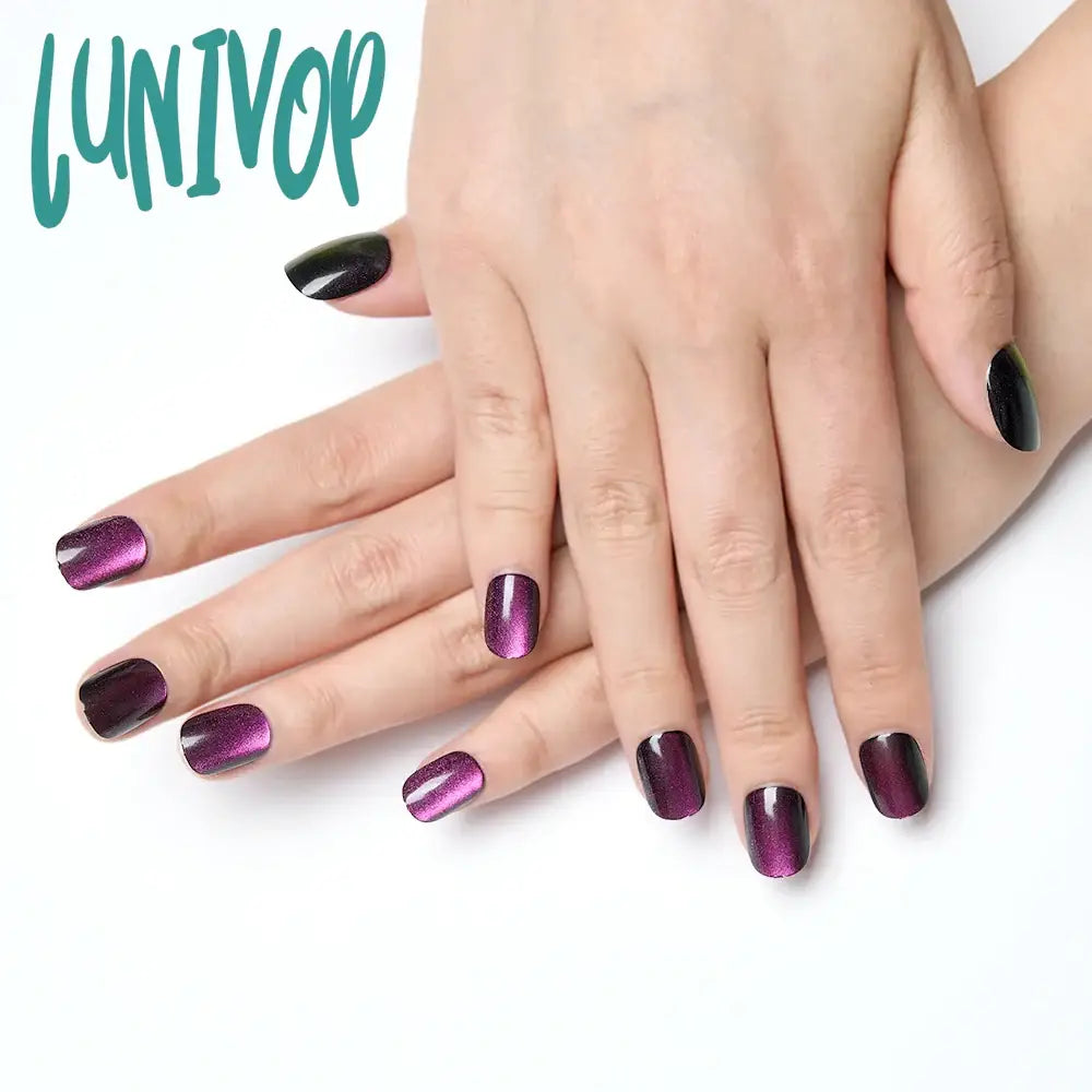 Lunivop 10Pcs Handmade Purple Red Cat Eye Press On Nails Glossy Short Square Fake Shiny False For