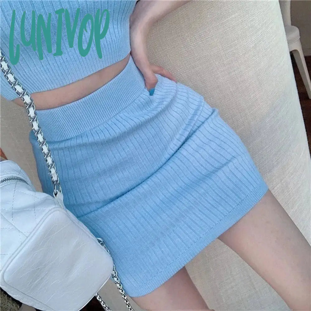 Lunivop 2 Peices Set Women Suits With Skirt Korean Fashion Turn-Down Collar Short Sleeve Crop Top
