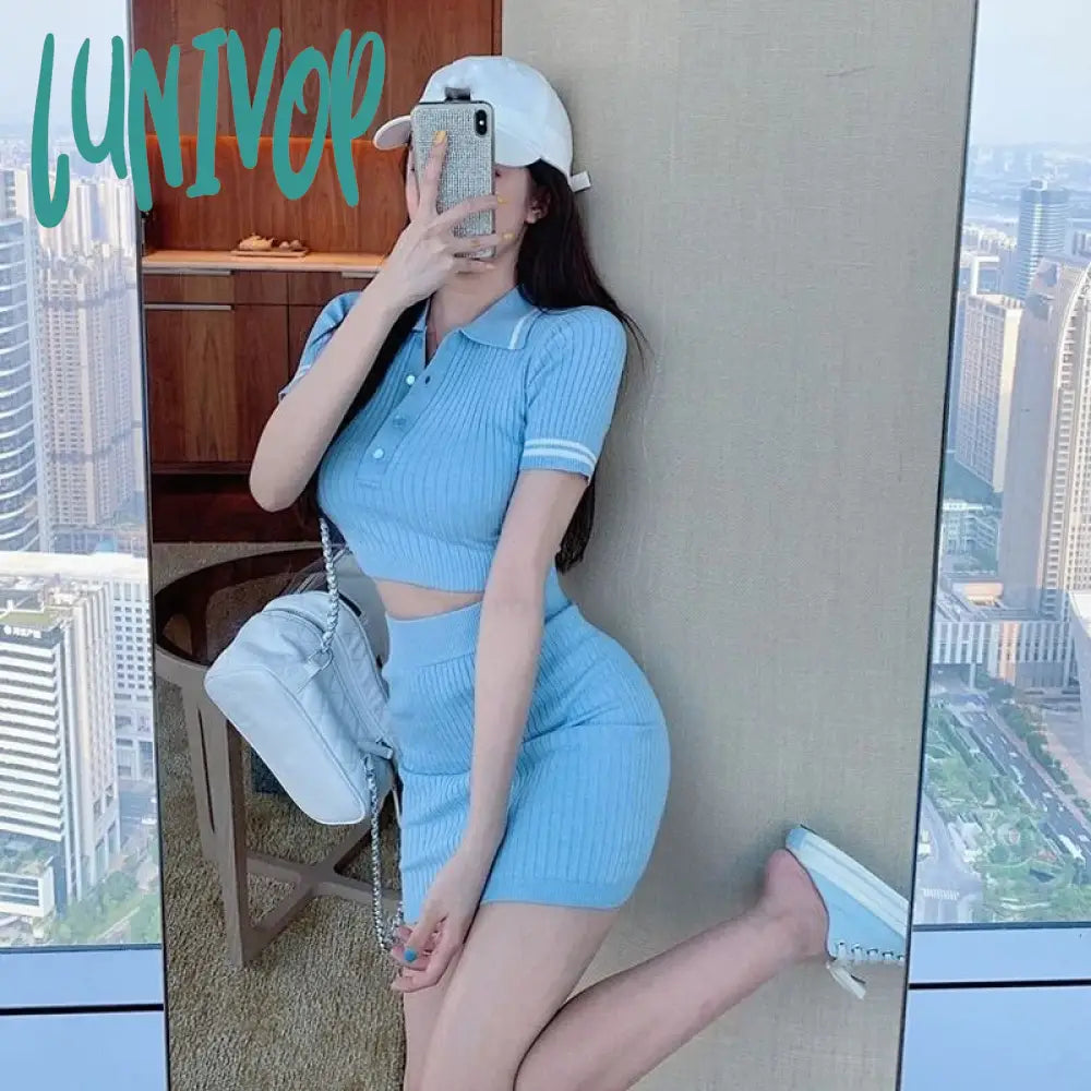 Lunivop 2 Peices Set Women Suits With Skirt Korean Fashion Turn-Down Collar Short Sleeve Crop Top