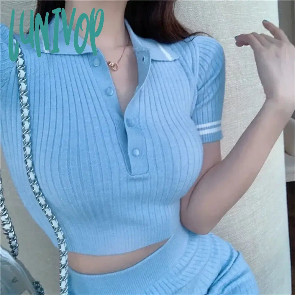 Lunivop 2 Peices Set Women Suits With Skirt Korean Fashion Turn-Down Collar Short Sleeve Crop Top
