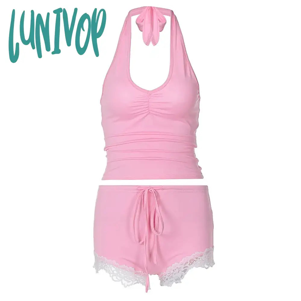 Lunivop 2 Piece Set Women Clothing Summer Sexy Halter Tank Top Shorts Sports Tracksuit Lace