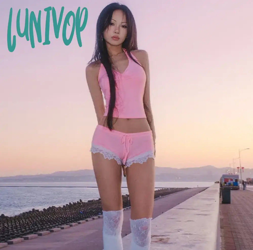 Lunivop 2 Piece Set Women Clothing Summer Sexy Halter Tank Top Shorts Sports Tracksuit Lace