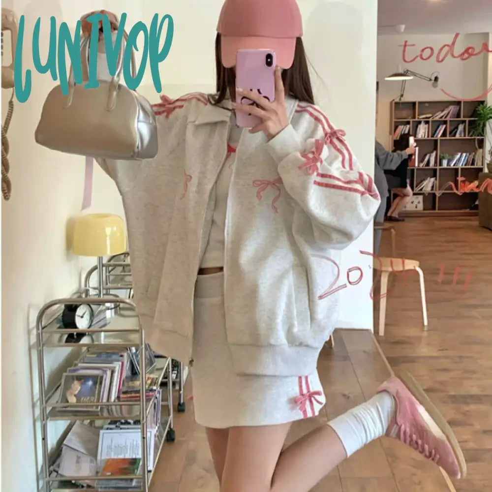 Lunivop 2 Piece Skirt Sets Female Y2K Clothing Zipper Bow Sweet Korean Fashion Hoodie Suits Women