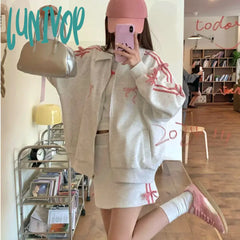 Lunivop 2 Piece Skirt Sets Female Y2K Clothing Zipper Bow Sweet Korean Fashion Hoodie Suits Women