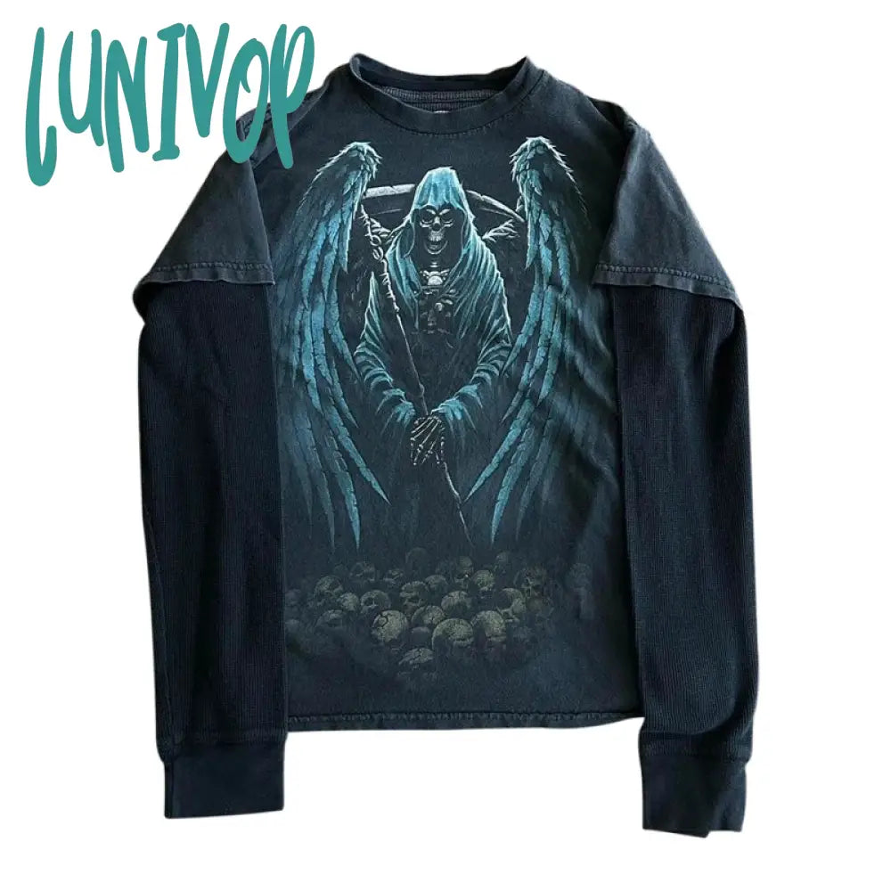 Lunivop 2000S Retro E-Girl Gothic Skull Cute Tops Y2K Grunge Cyber Layered Sleeve T-Shirt 90S