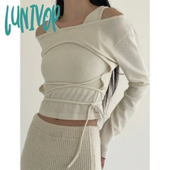 Lunivop 2024 Autumn For Women Crop Tops Vintage Korean Retro High Street 2 Pieces Sets Screw Thread